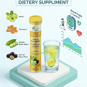 Advanced Dietary Supplement ADS Effervescent Tablet poster featuring a transparent 200 ml glass with dissolving effervescent tablet, herbal diabetic wellness ingredients including Amla, Turmeric, Karela, and Jamun, green and light yellow healthcare background, blood sugar control concept, and diabetic symptom illustrations such as burning feet, frequent urination, extreme hunger, and tiredness.